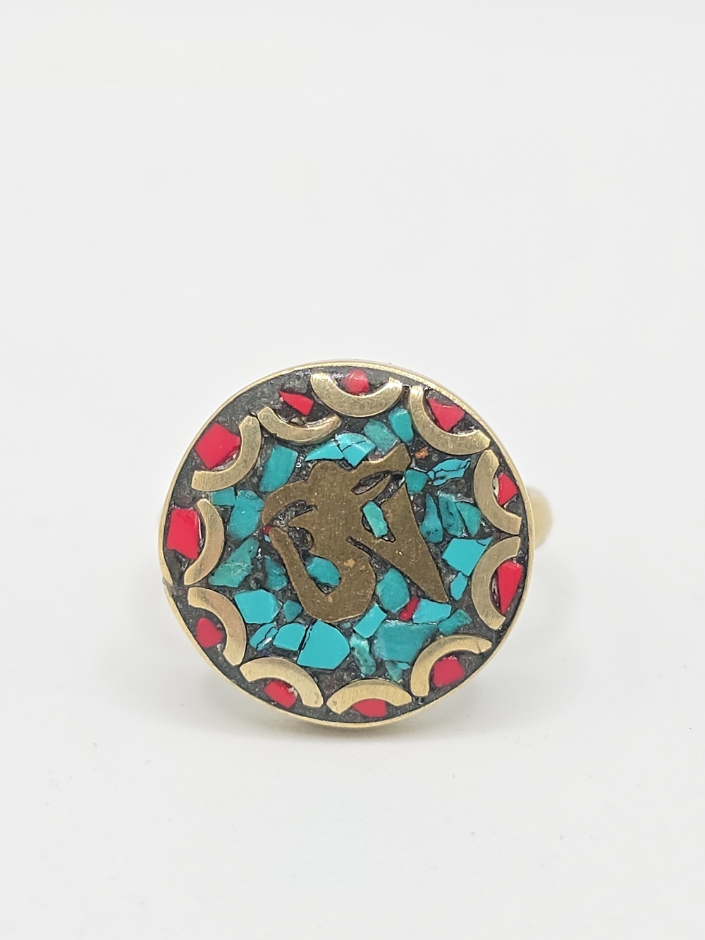 Vintage Om Ring Tibetan Style Brass Turquoise Coral Inlay Size 6.75